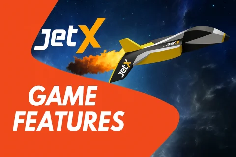JetX game with a futuristic jet flying through space with fiery exhaust and the text 'Game Features' in bold on a vibrant orange background