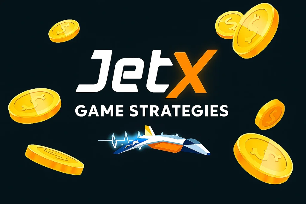 JetX game strategies with golden coins flying around and a futuristic jet in motion, against a dark background