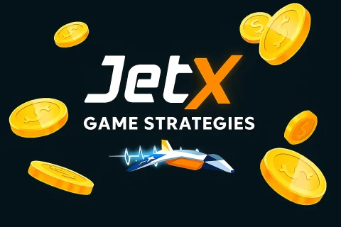 JetX game strategies with golden coins flying around and a futuristic jet in motion, against a dark background