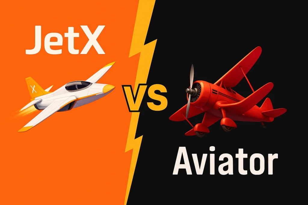 JetX vs Aviator comparison with a futuristic yellow jet on the left and a classic red biplane on the right against an orange and black background