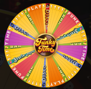 Funky Time prize wheel showing PLAY, BAR, DISCO, and BONUS segments.