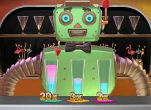 Funky Time robot bartender pouring colorful drinks with multipliers.