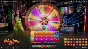 Funky Time game host spinning colorful prize wheel on FOMO7 Funky Time