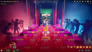 Funky Time disco bonus win animation showing score multipliers.