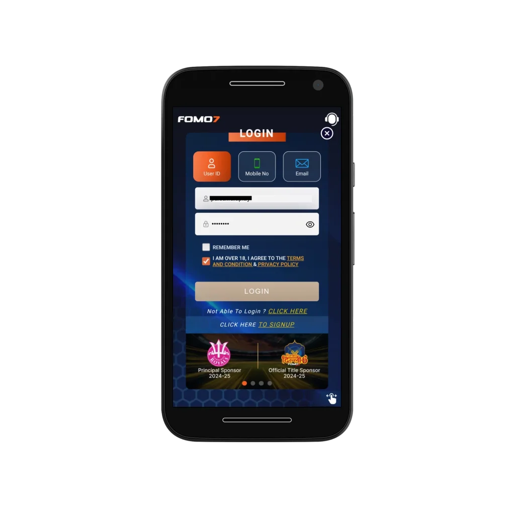 FOMO7 mobile login screen showing User ID input, password field, and login button with sponsor logos at the bottom.