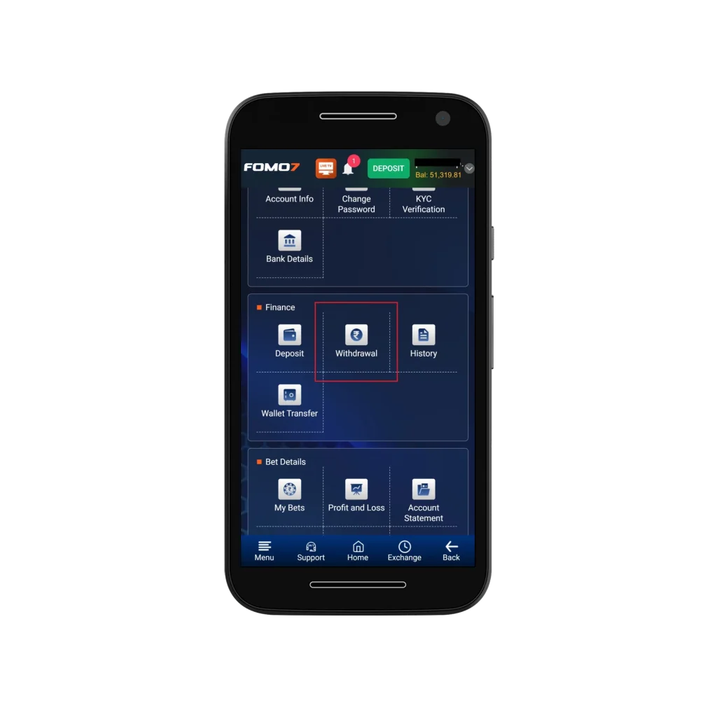 FOMO7 dashboard on mobile showing Withdrawal option highlighted under Finance section.