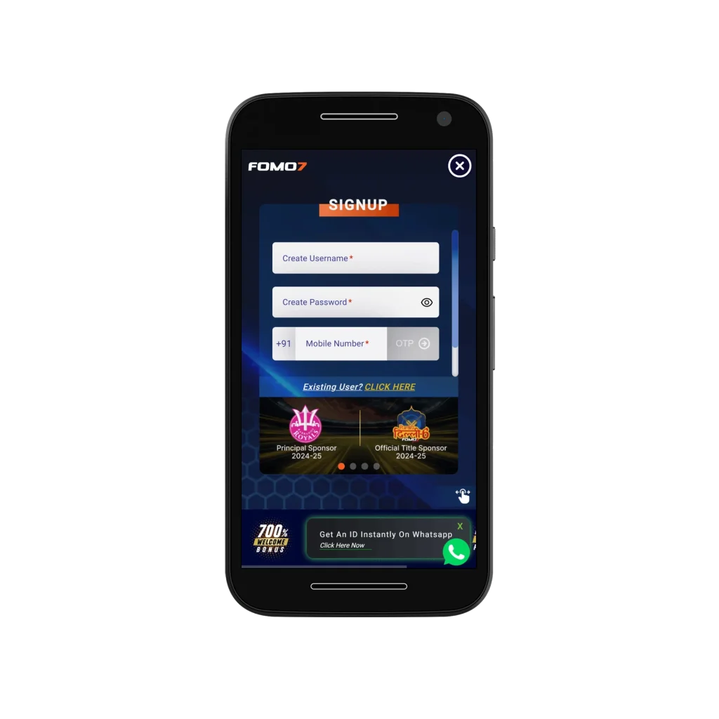 Mobile screen showing FOMO7 sign-up form with username, password, and phone number fields.