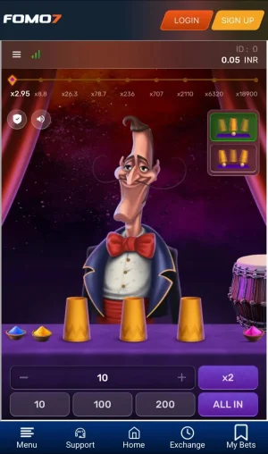 Mr. Thimble game main screen showing magician, three cups, bet options, and multiplier values at the top on FOMO7 interface.