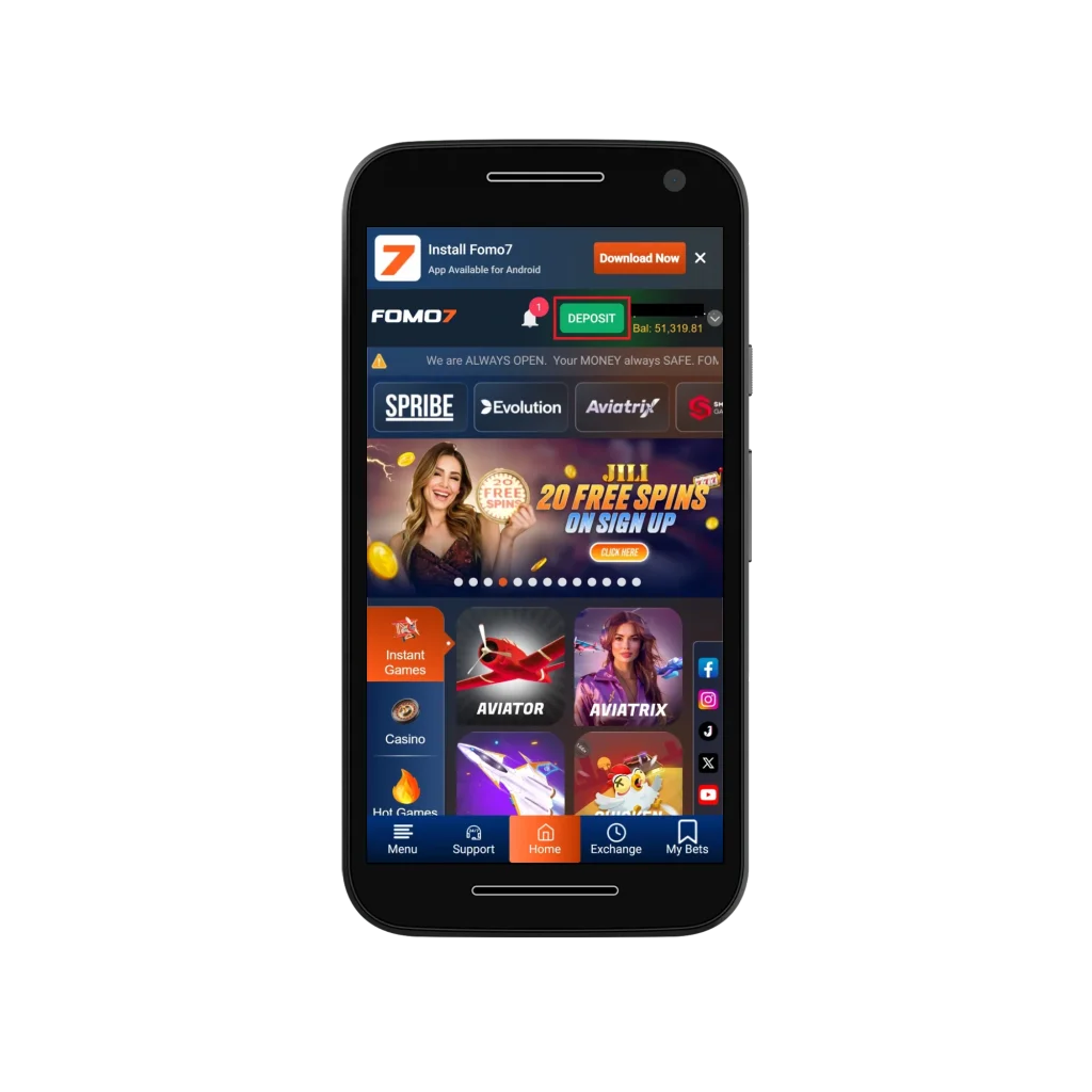 FOMO7 mobile app home screen displaying 20 free spins banner, deposit button, and game icons like Aviator and Aviatrix.