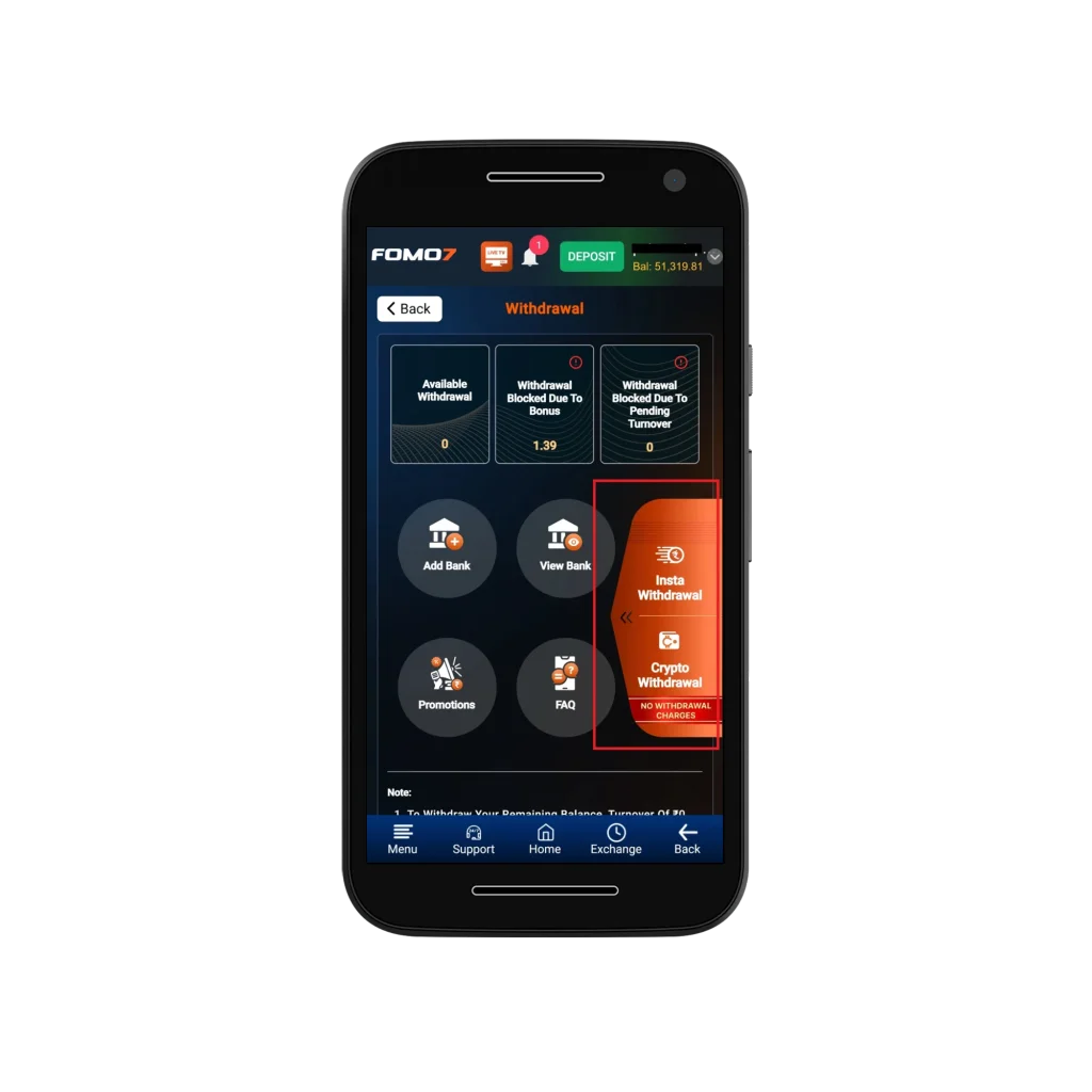 FOMO7 mobile withdrawal screen highlighting Insta Withdrawal and Crypto Withdrawal options with no withdrawal charges.