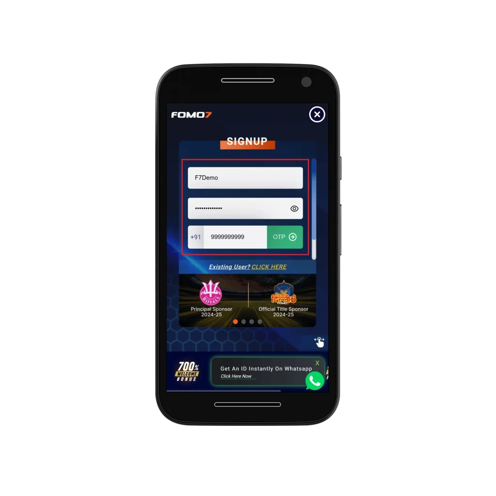 FOMO7 mobile sign-up form filled with demo username, password, and sample phone number with OTP button.