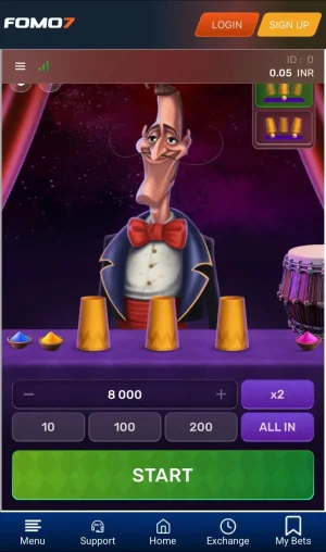 Mr. Thimble betting screen on FOMO7 with 3 cups, bet amount selector, multiplier, and green START button.