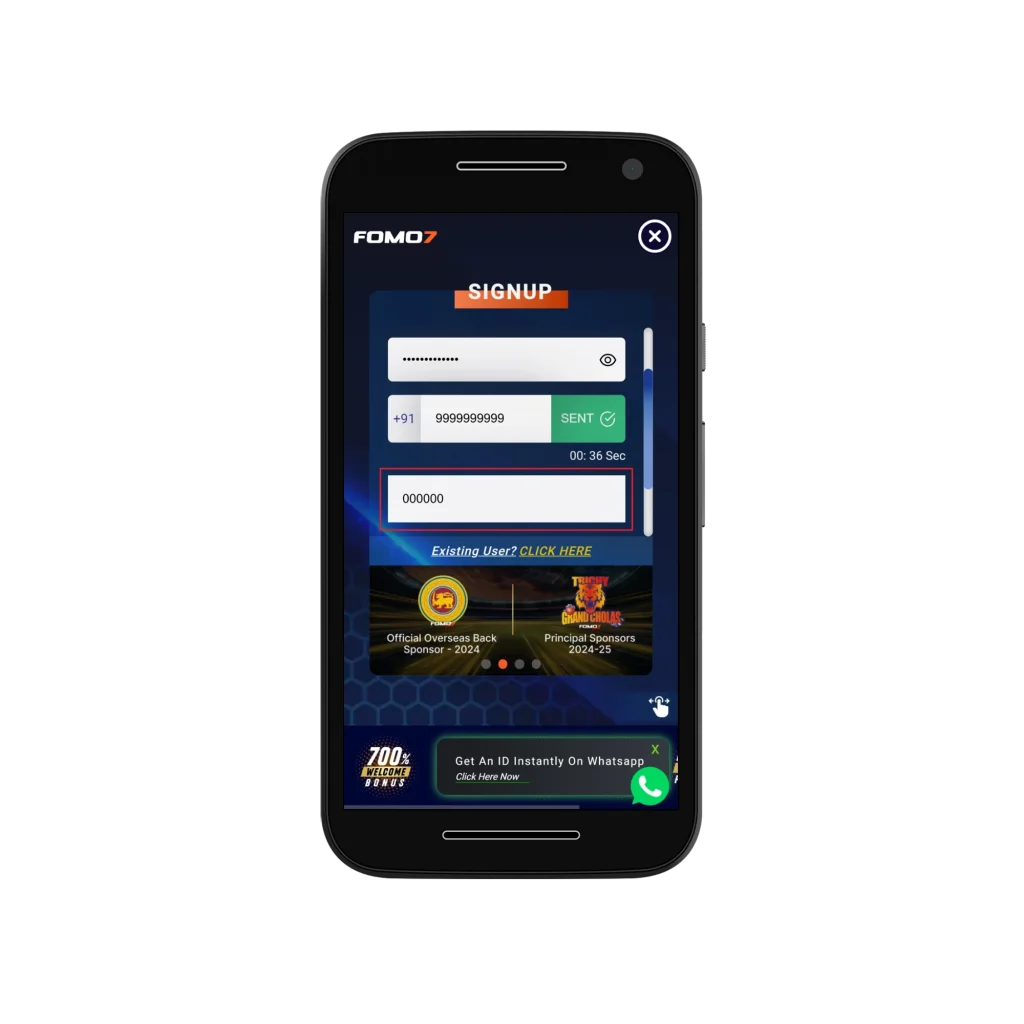 FOMO7 sign-up screen showing password, phone number with OTP sent, timer, and 6-digit OTP entry box.