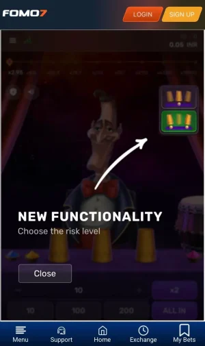 Mr. Thimble game screen on FOMO7 introducing new functionality to choose risk level with arrow pointing to mode selector.