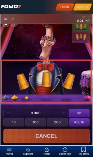 Mr. Thimble game in Standard Mode showing a yellow ball placed under one of three cups before shuffling on FOMO7 app.