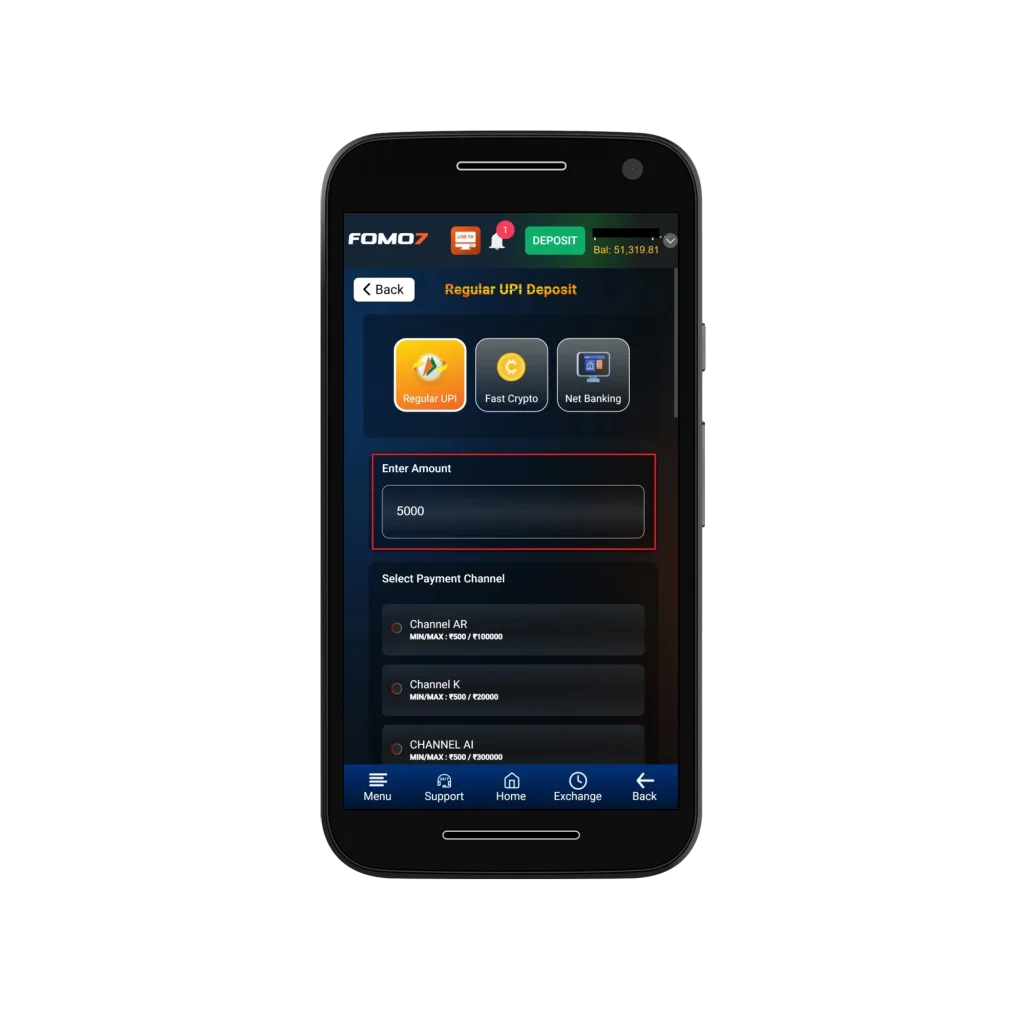 FOMO7 deposit screen showing ₹5000 entered with payment options: Regular UPI, Fast Crypto, and Net Banking.
