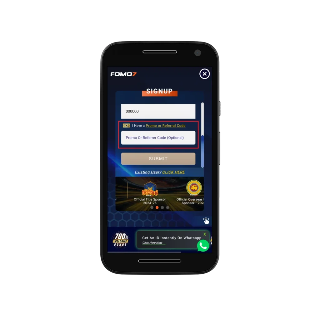 FOMO7 sign-up screen with OTP entered, promo code field expanded, and submit button visible.