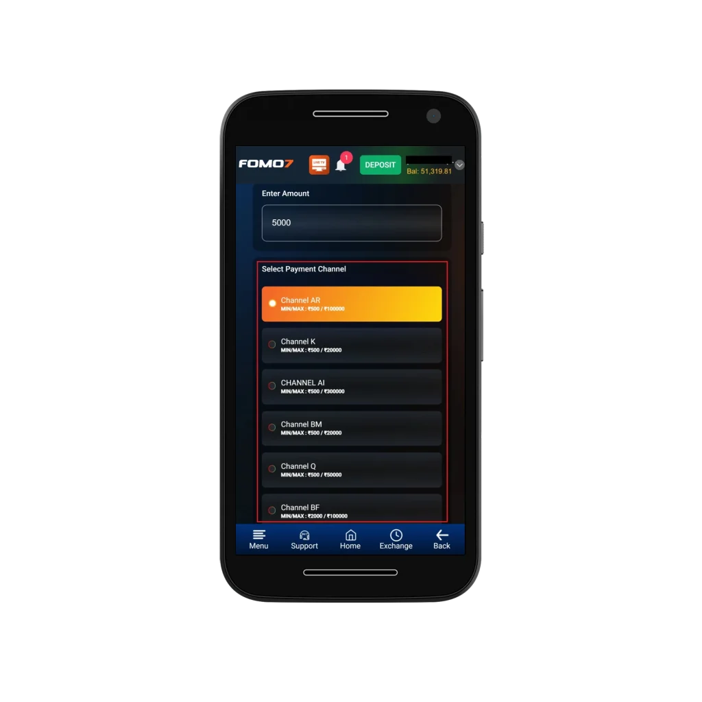 FOMO7 payment screen showing ₹5000 deposit with "Channel AR" selected as the payment channel.
