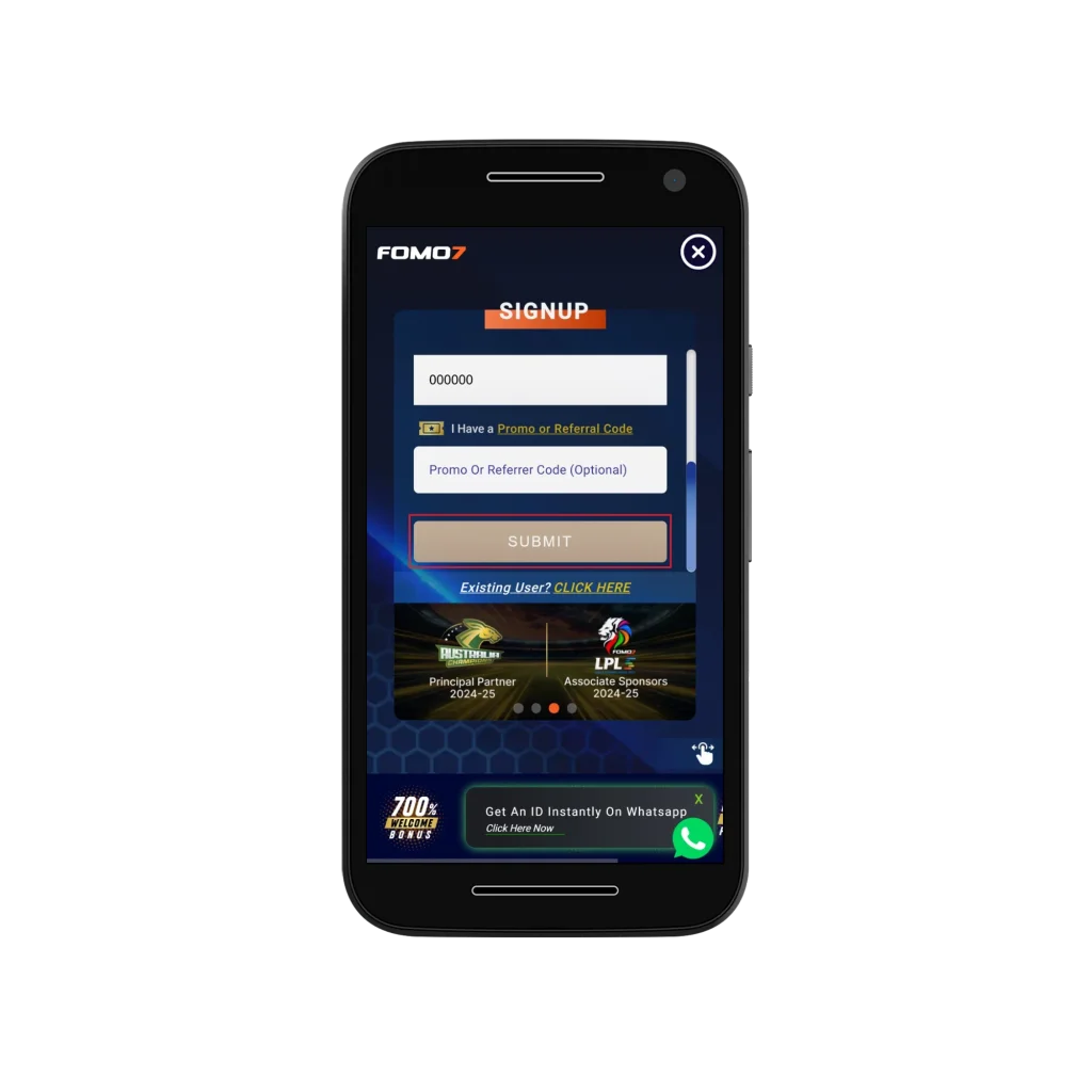 FOMO7 mobile sign-up form with all fields filled, promo code section expanded, and the "SUBMIT" button ready to be pressed.