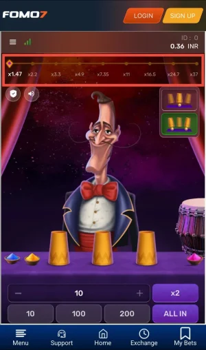 Mr. Thimble game screen showing current level with multiplier x1.47 and risk level indicator on the FOMO7 app.