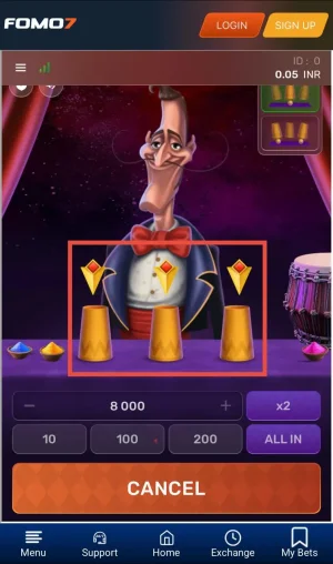 Mr. Thimble game showing three golden cups highlighted with selection icons for player to choose the hidden ball location.