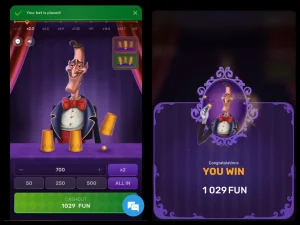 Mr. Thimble game showing winning animation with the ball under the cup and prize message: 'YOU WIN 1029.