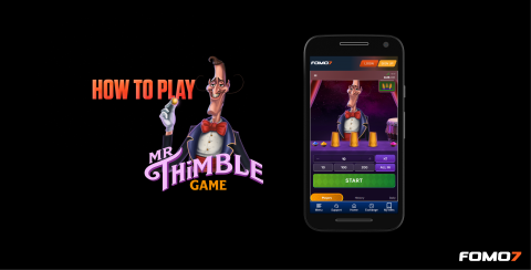 Mr. Thimble game tutorial screen showing animated host and gameplay interface on a mobile phone with FOMO7 branding.