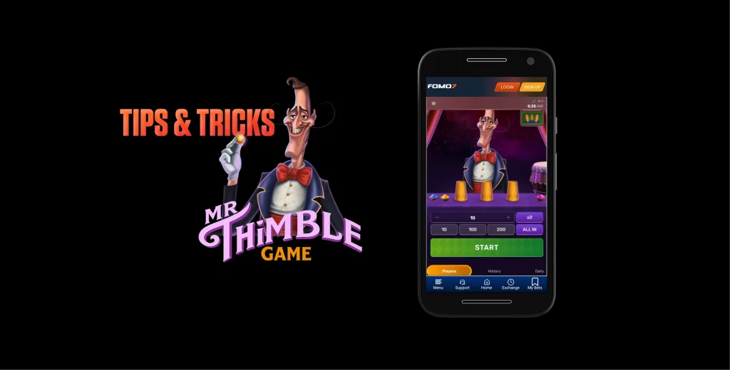 Mr. Thimble game tips and tricks banner with animated host and mobile game screen on a black background with FOMO7 branding.