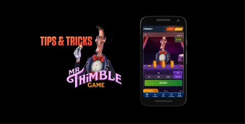 Mr. Thimble game tips and tricks banner with animated host and mobile game screen on a black background with FOMO7 branding.