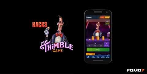 Mr. Thimble Hacks screen with cartoon magician and mobile game UI, showcasing FOMO7 interface and game setup.