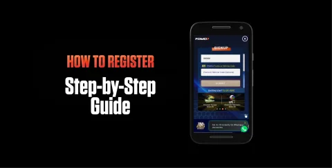 FOMO7 mobile screen with "How to Register: Step-by-Step Guide" title beside sign-up form on a black background.