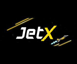 JetX game logo with a yellow rocket flying through space and glowing trails, set against a black background.