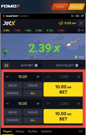 JetX game interface on FOMO7 with live multiplier 2.39x, betting panel, auto bet and collect options, and login/signup buttons.