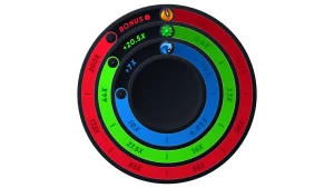 Vortex game bonus wheel with colorful multiplier rings highlighting bonus sections and elemental icons.