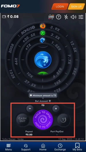 Vortex game interface showing Hold to Spin and Cash Out options for placing and managing bets.