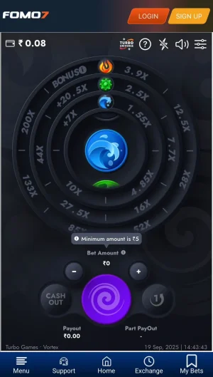 FOMO7 Vortex game interface featuring the spinning wheel with elemental symbols and payout options.