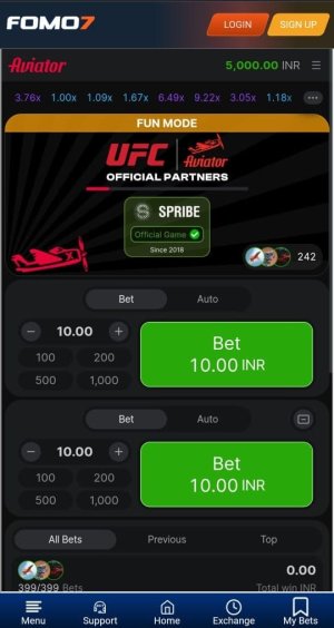 Aviator game showing 1.92x multiplier with red airplane graphic and dual betting panels set to 10.00 INR bets