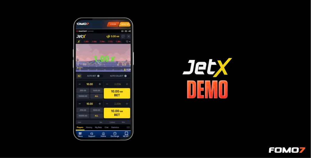 JetX mobile game view showing the betting interface and player details with free bets and stats.