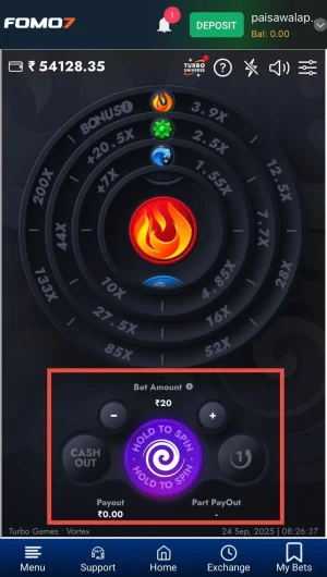Fomo7 Vortex game interface showing fire element with ₹20 bet amount and Hold to Spin option active.