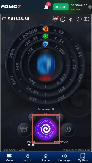Fomo7 Vortex game screen showing Hold to Spin button and spinning blue element on the cosmic wheel.