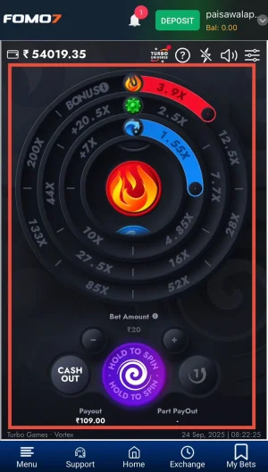 Fomo7 Vortex game showing fire and water elements with multipliers increasing and payout displayed.