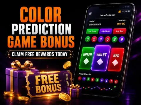 Color Prediction Game Bonus banner on FOMO7 India featuring an app interface on a phone, purple gift boxes, and voucher ticket.