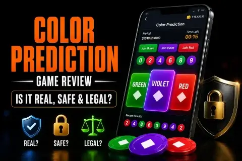 Color Prediction Game review banner on FOMO7 India featuring a phone interface, game chips, legal scales, and padlocks.