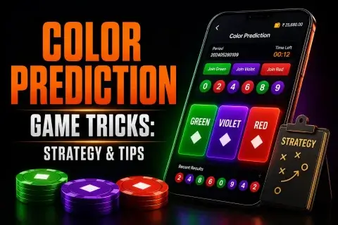 Color Prediction game tricks banner on FOMO7 India featuring an app interface on a phone, stacks of tokens, and a strategy pad.