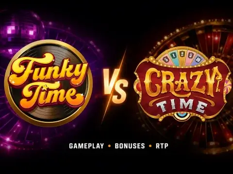 Funky Time vs Crazy Time comparison graphic on FOMO7 India featuring game logos, a disco ball, and money wheels.