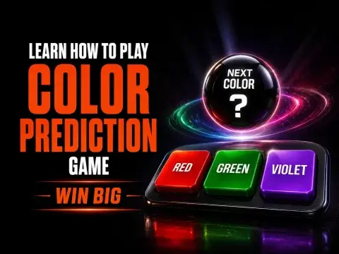 How to play color prediction guide on FOMO7 India featuring a next color question sphere and red green violet buttons.
