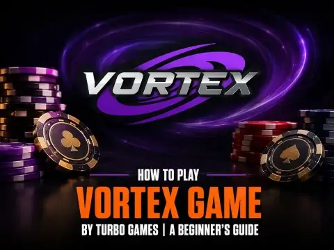 How to play vortex game guide on FOMO7 India featuring a purple swirl logo, a clubs token, a spade token, and stacked chips.