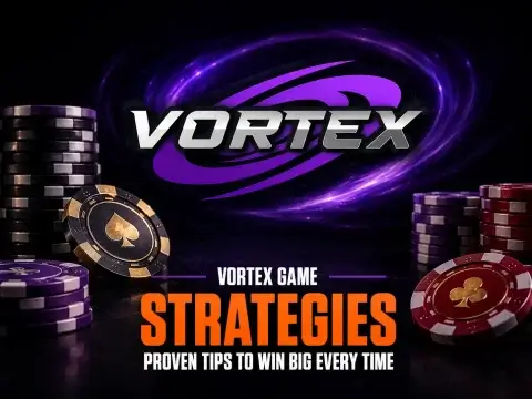 Vortex game strategies banner on FOMO7 India featuring a purple vortex logo emblem, stacks of casino chips, and tokens.