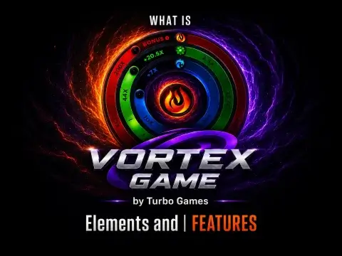 What is Vortex game banner on FOMO7 featuring a glowing multi-colored circular multiplier dial with fire and element symbols.
