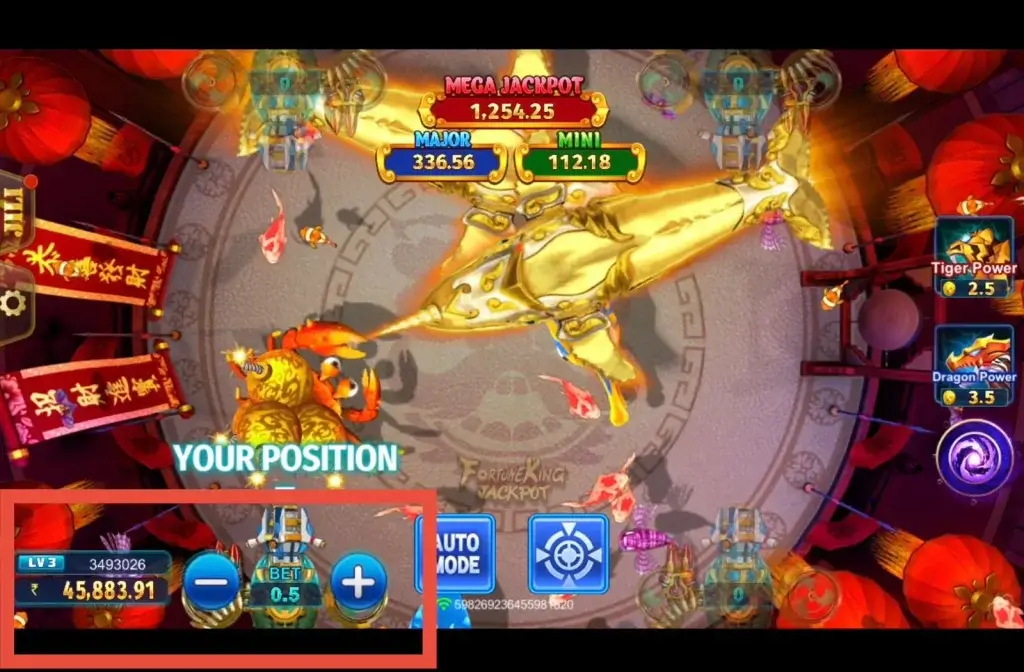 How to Play Fortune King Jackpot on FOMO7 India showing bet level controls, cannon position and balance panel